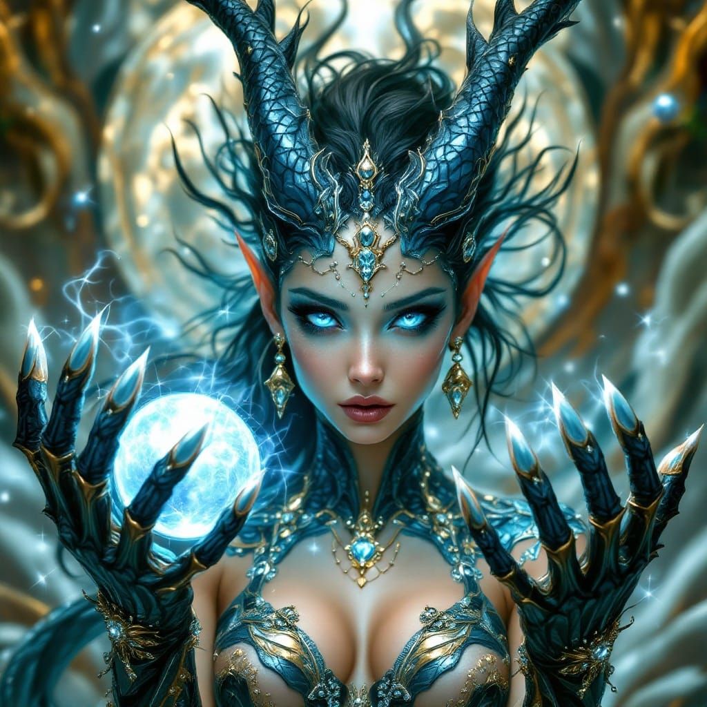 Powerful Goddess with Dragon and Celestial Elements in Dark ...