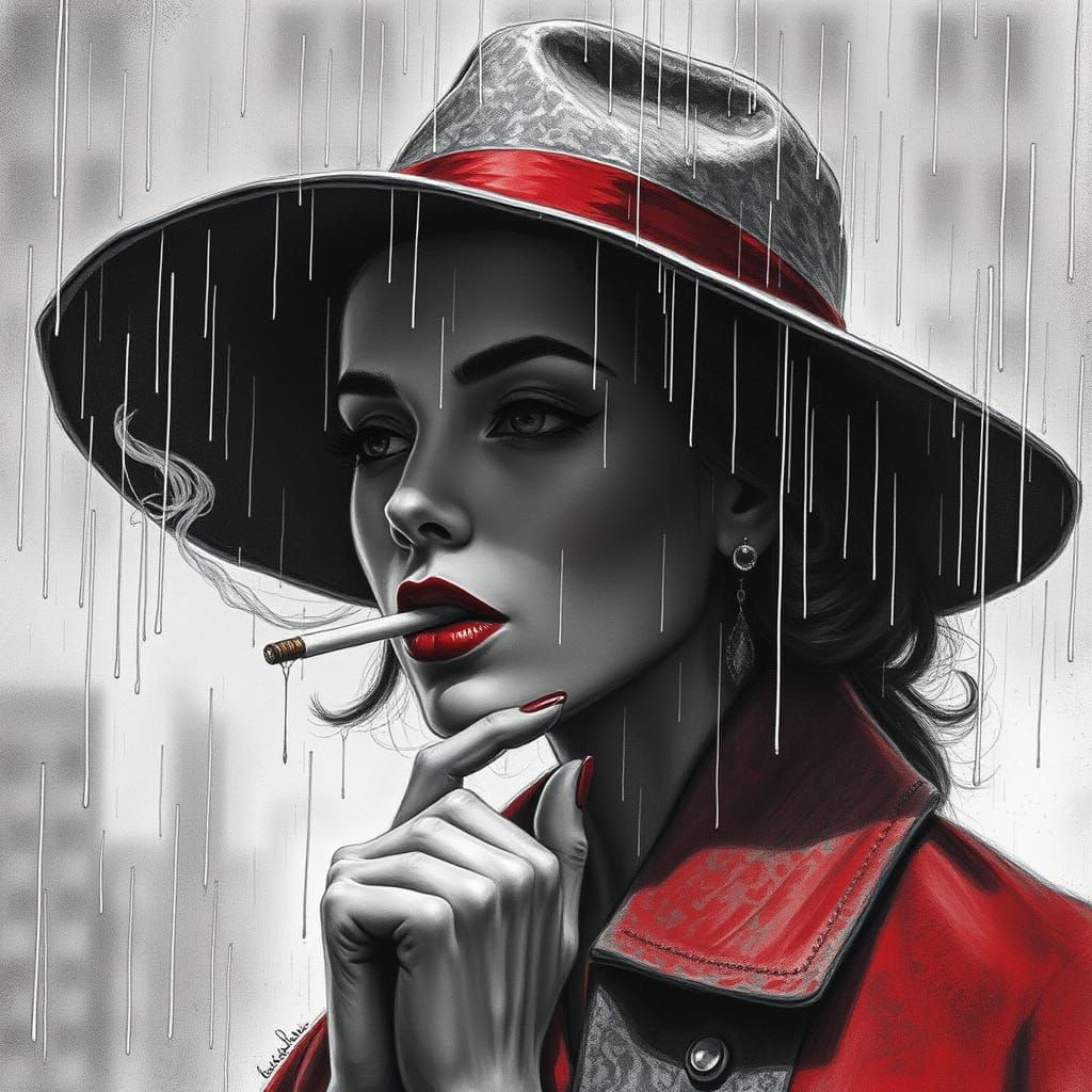 Rainy Night Detective in Film Noir Gray and Red