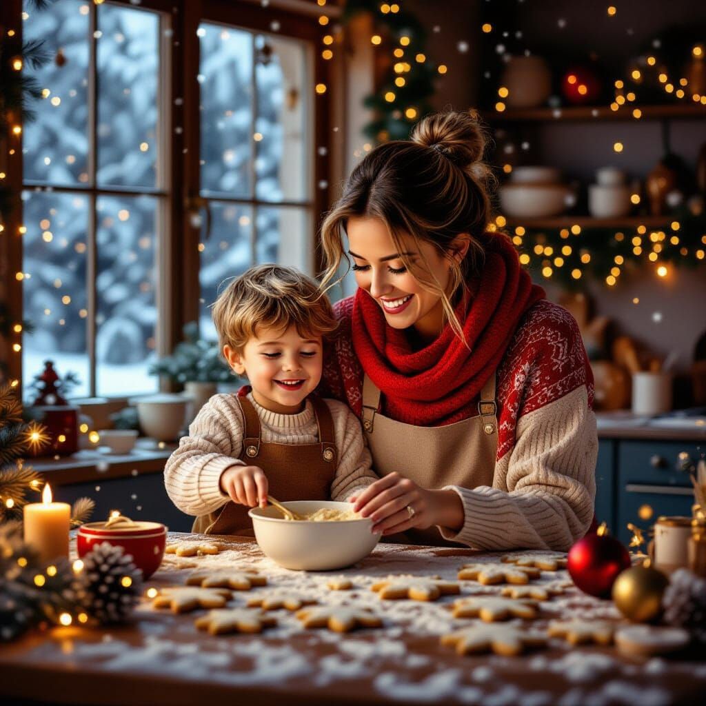 Mother and Son Baking Christmas Cookies in Magical Kitchen