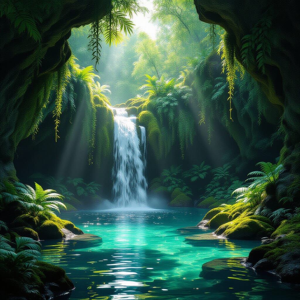 Hidden Waterfall Grotto in Impressionistic Realism