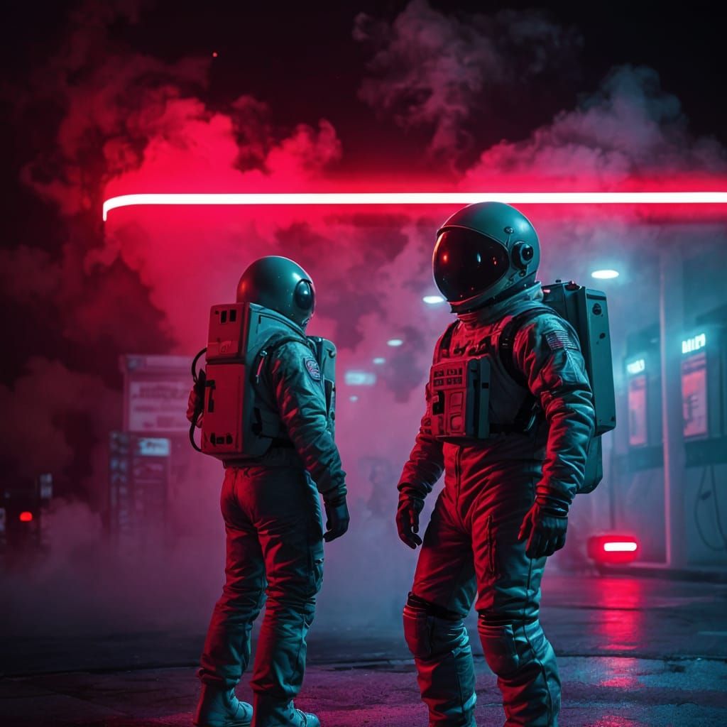 Astronauts Under Neon Surveillance in Dystopian Night