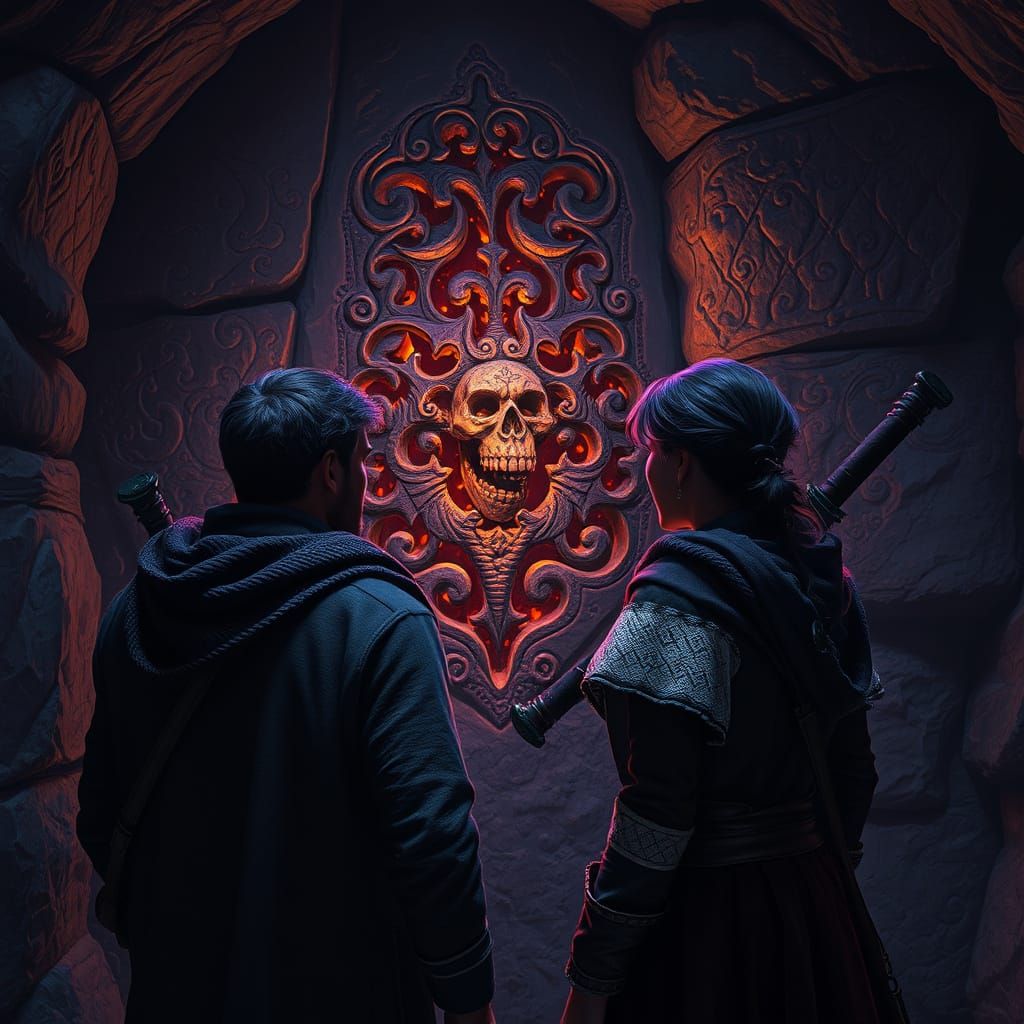 Twins Discover Ancient Carvings in Dark Fantasy Style