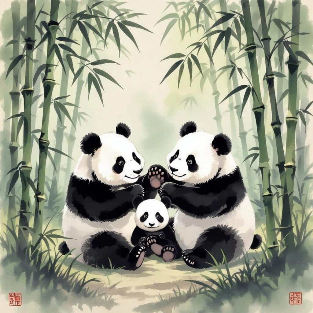 Pandas Play in Bamboo Forest Chinese Painting