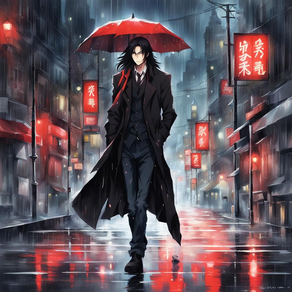 Handsome Man in Red Coat Walking in Rain