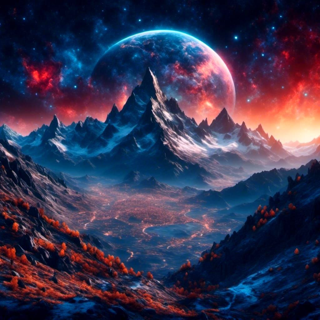 Night Sky Over Snowy Mountain Town in Detailed Matte Paintin...