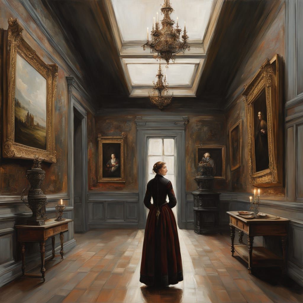 Regal Woman in a Grand Hallway, in the Style of the Old Mast...