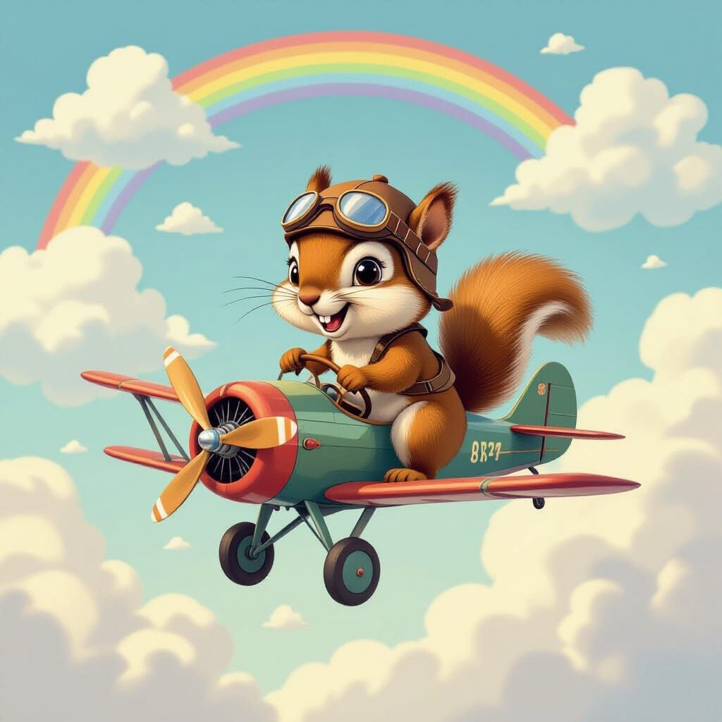 Whimsical Squirrel Pilot Flies Biplane Through Rainbow Sky