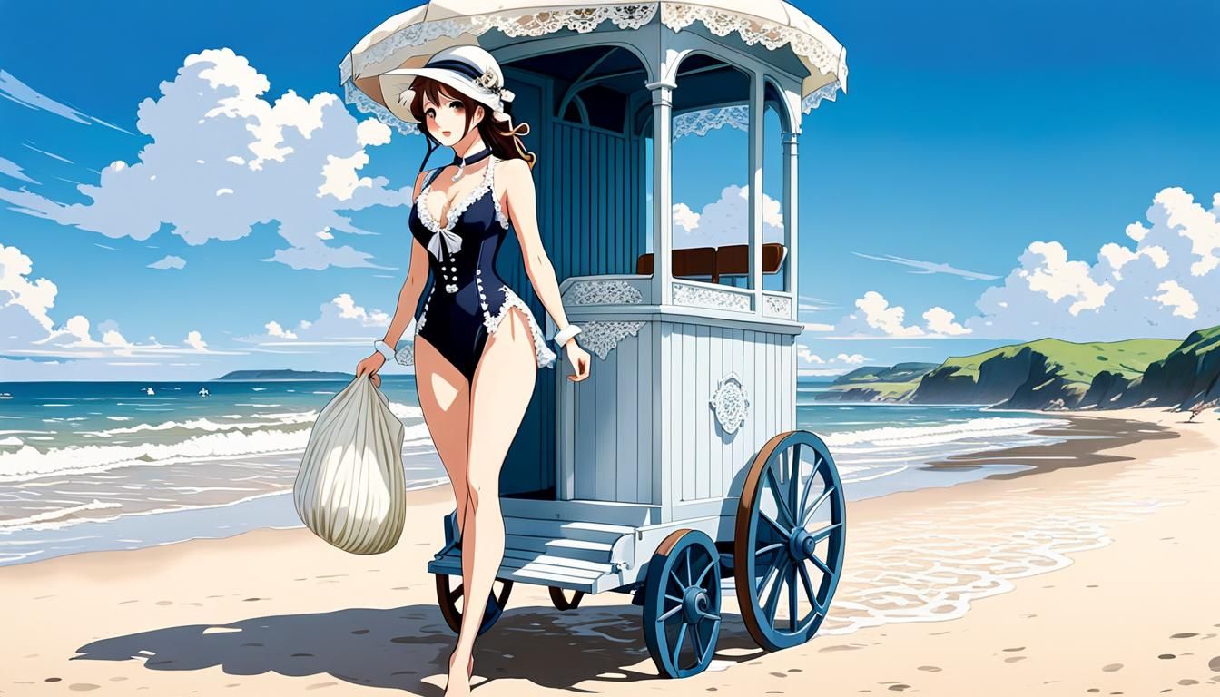 Lady exiting a 1890s bathing machine on a south of England b...