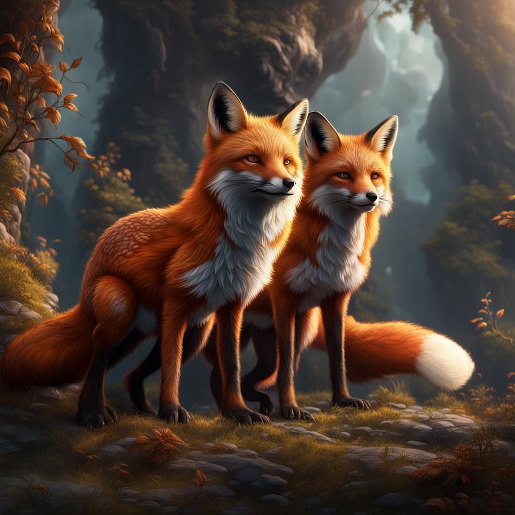 Detailed Matte Painting of Foxes in Fantasy Style
