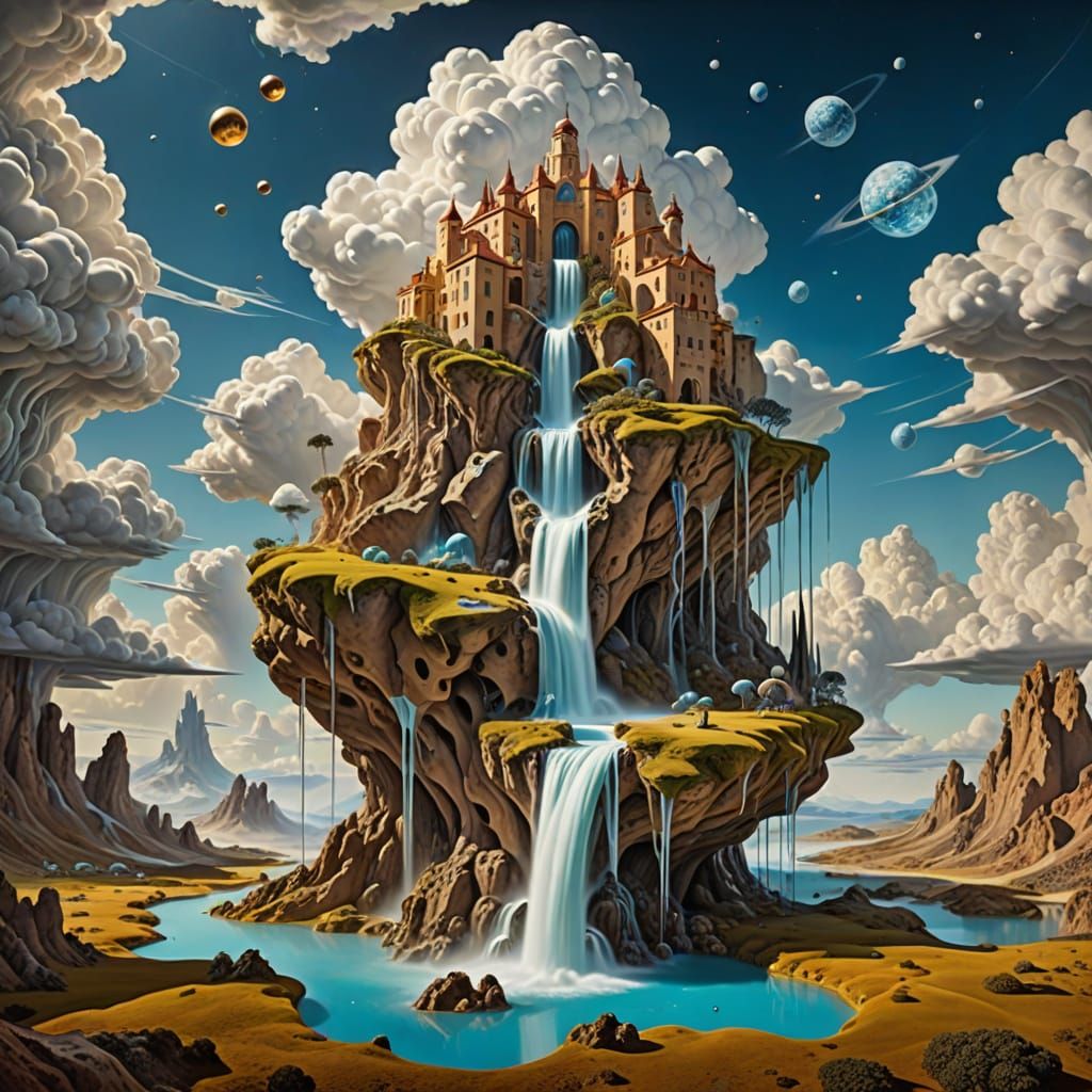 Surreal Dreamscape with Upward Waterfalls and Celestial Sky