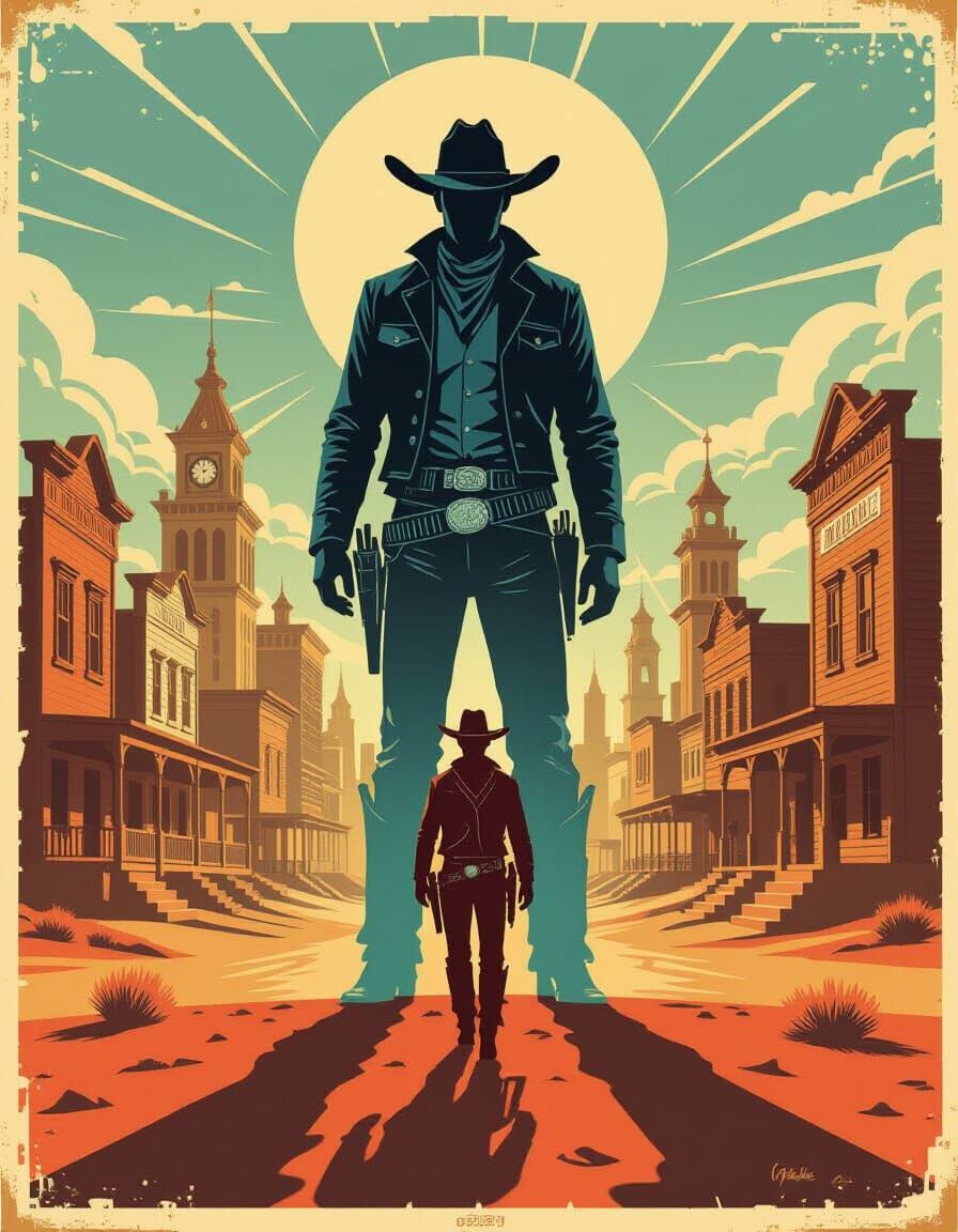 Surreal Western Movie Poster with Cowboy and Cityscape