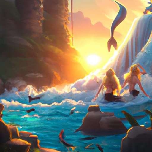 Mermaids' Sunset Serenade: Fantasy Concept Art