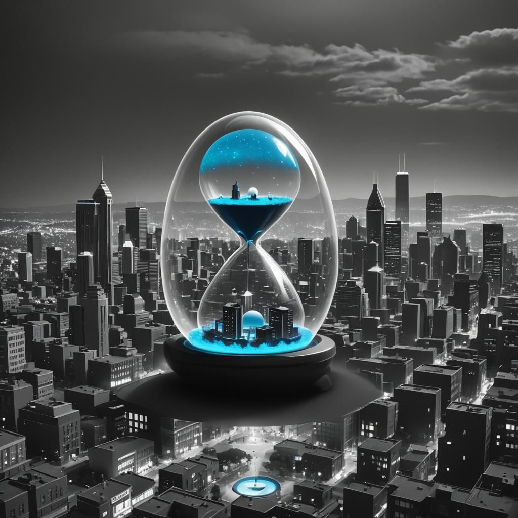 Cityscape with Giant Hourglass Egg-Timer in Simpsons Style