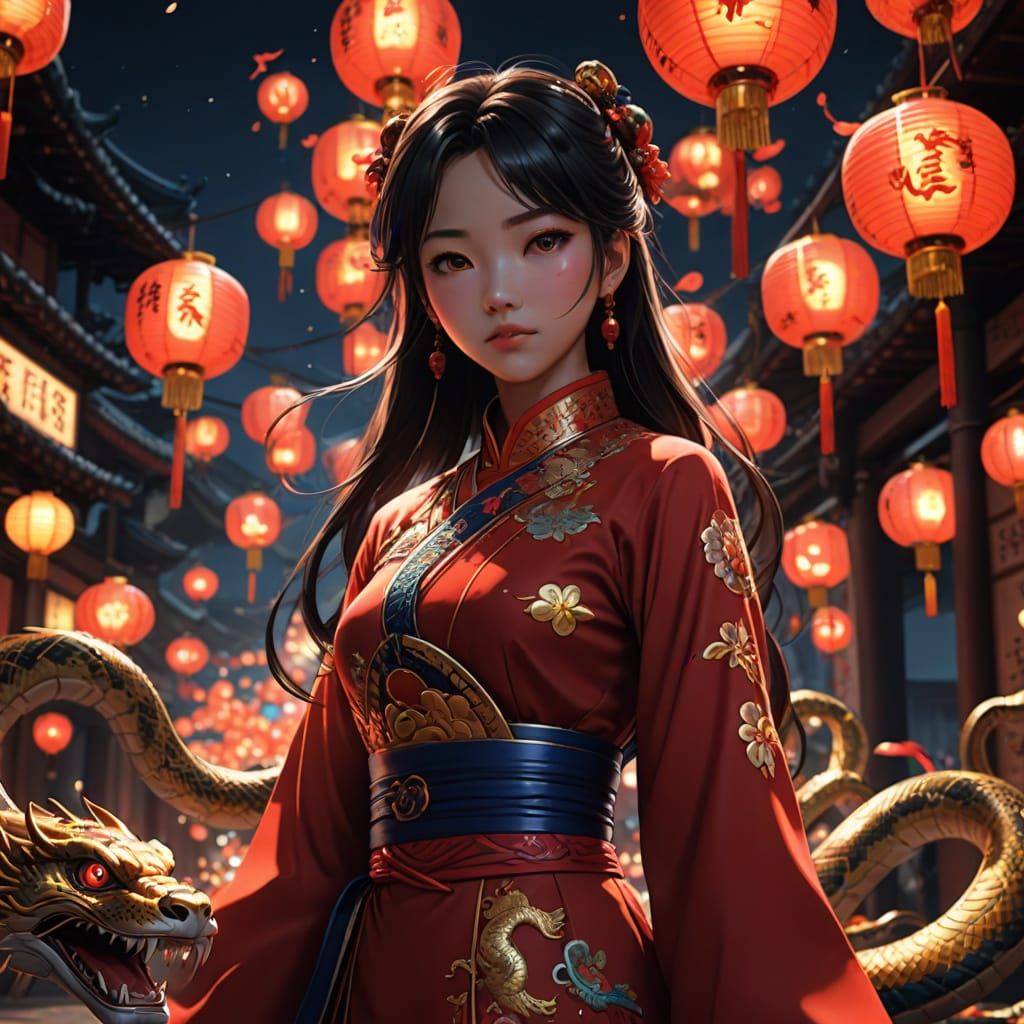Vibrant Chinese New Year Celebration in Anime Style