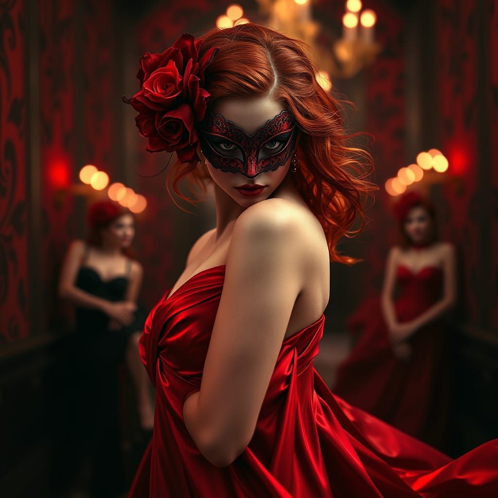Redhead Woman in Masquerade Mask, Expressionist Style