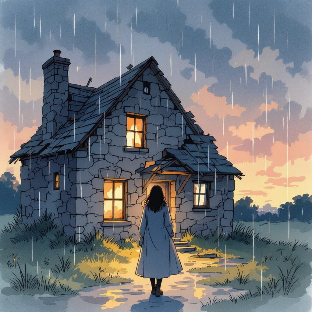 Woman at Ruined House: Watercolor Line Art