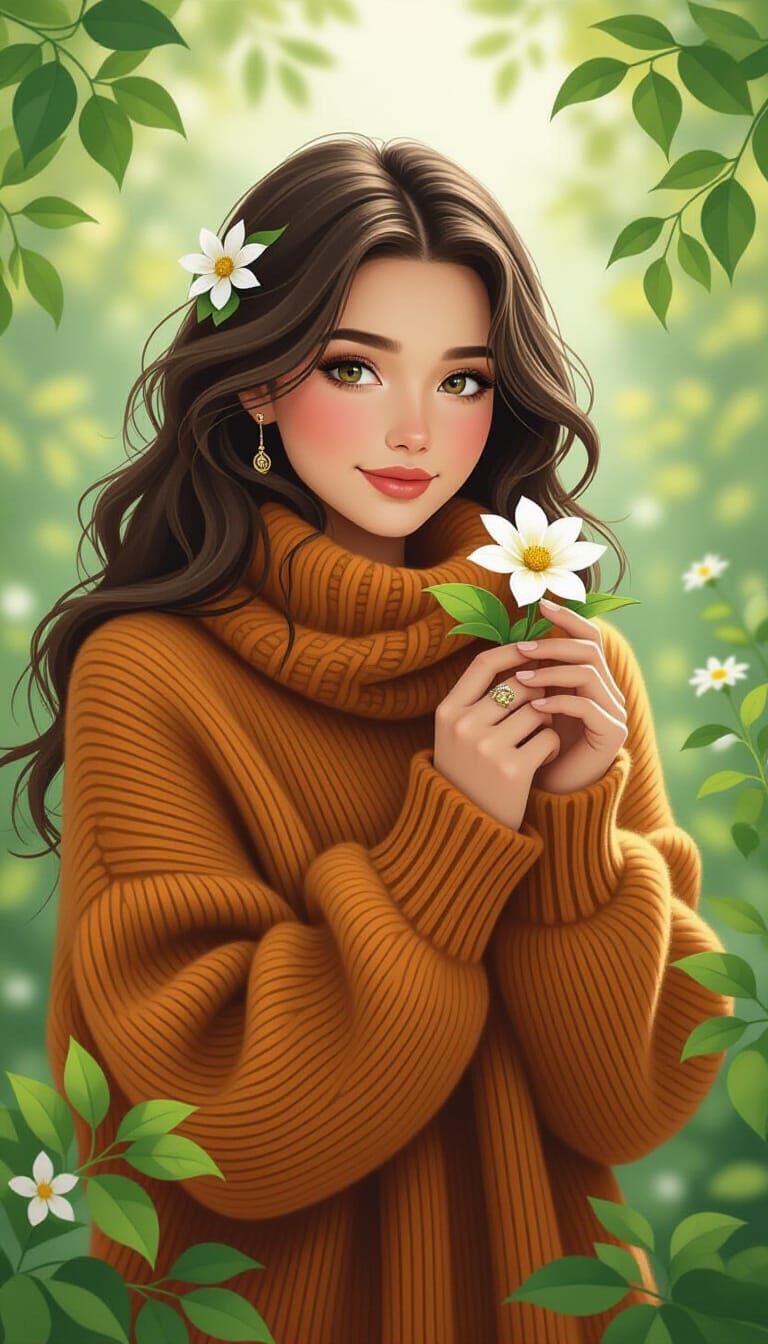 Woman in Sweater with Flower, Camouflage Art