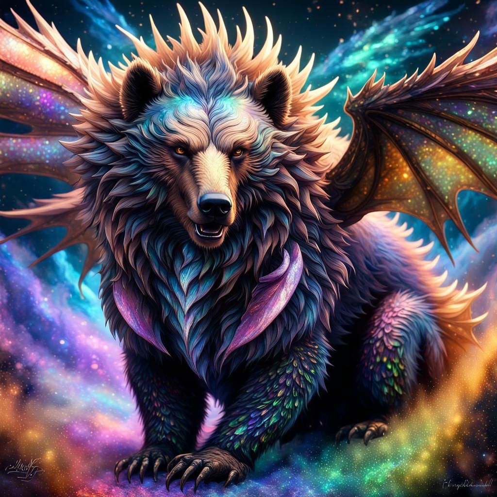 Winged Grizzly Dragon with Iridescent Fur
