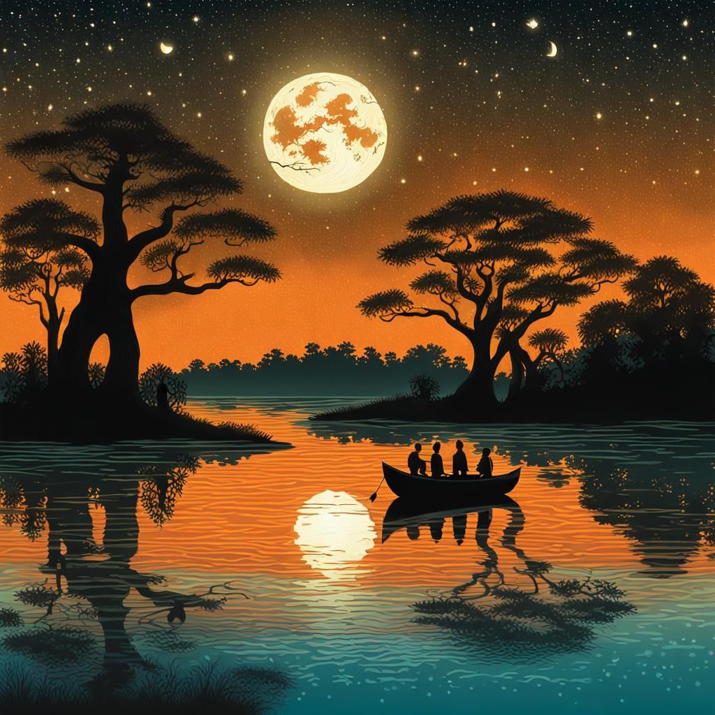 Ethereal Lakeside Night Scene with Cypress Trees