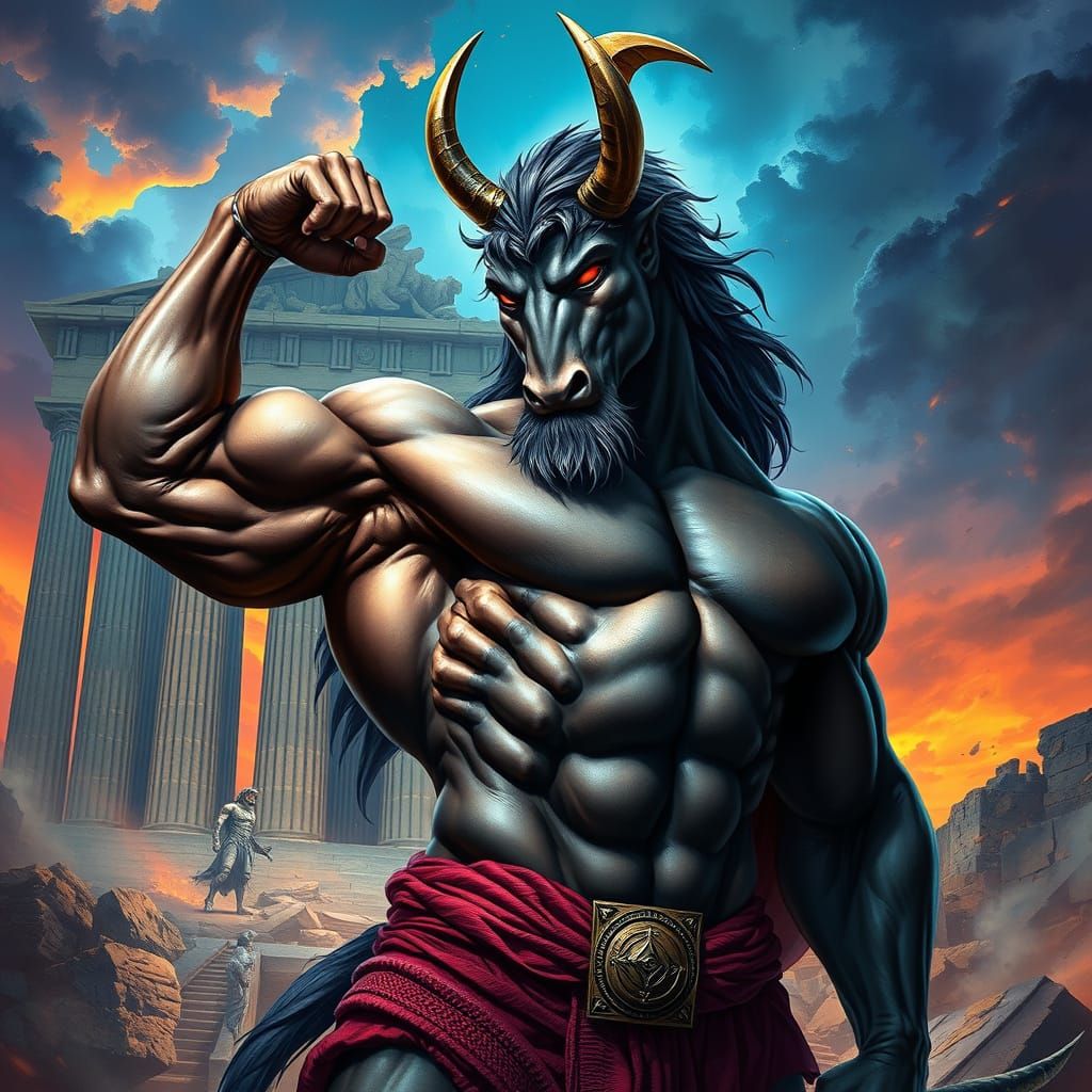 Muscular Minotaur Flexing Biceps in front of Collapsed Templ...