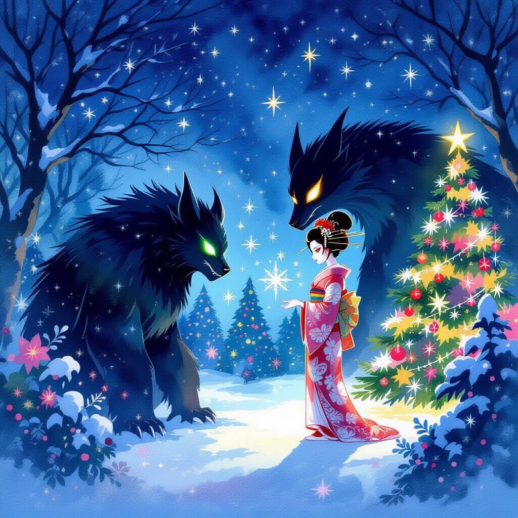 Geisha Confronts Shadowy Beast in Mystical Christmas Garden