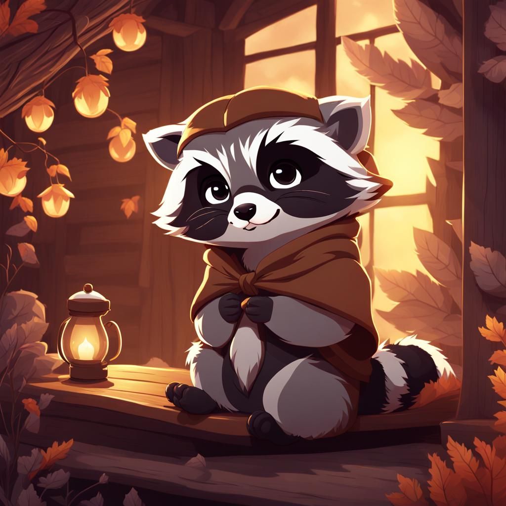 Cozy Anime Raccoon in Winter Cabin Wallpaper