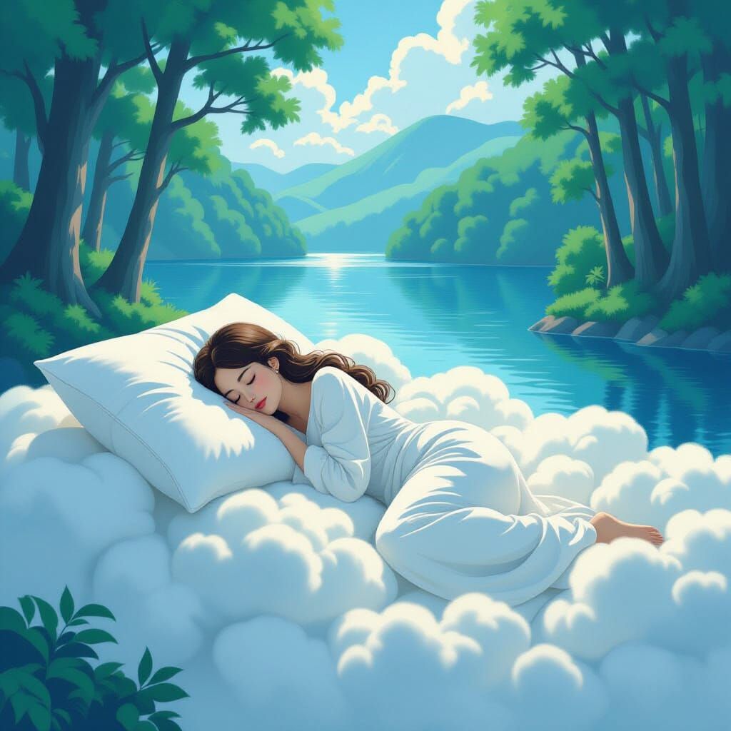 Dreamy Woman Sleeping on Cloud Overlooking Lake