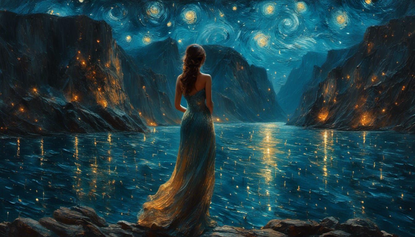 Woman Gazing at Starry Canyon: Van Gogh Style