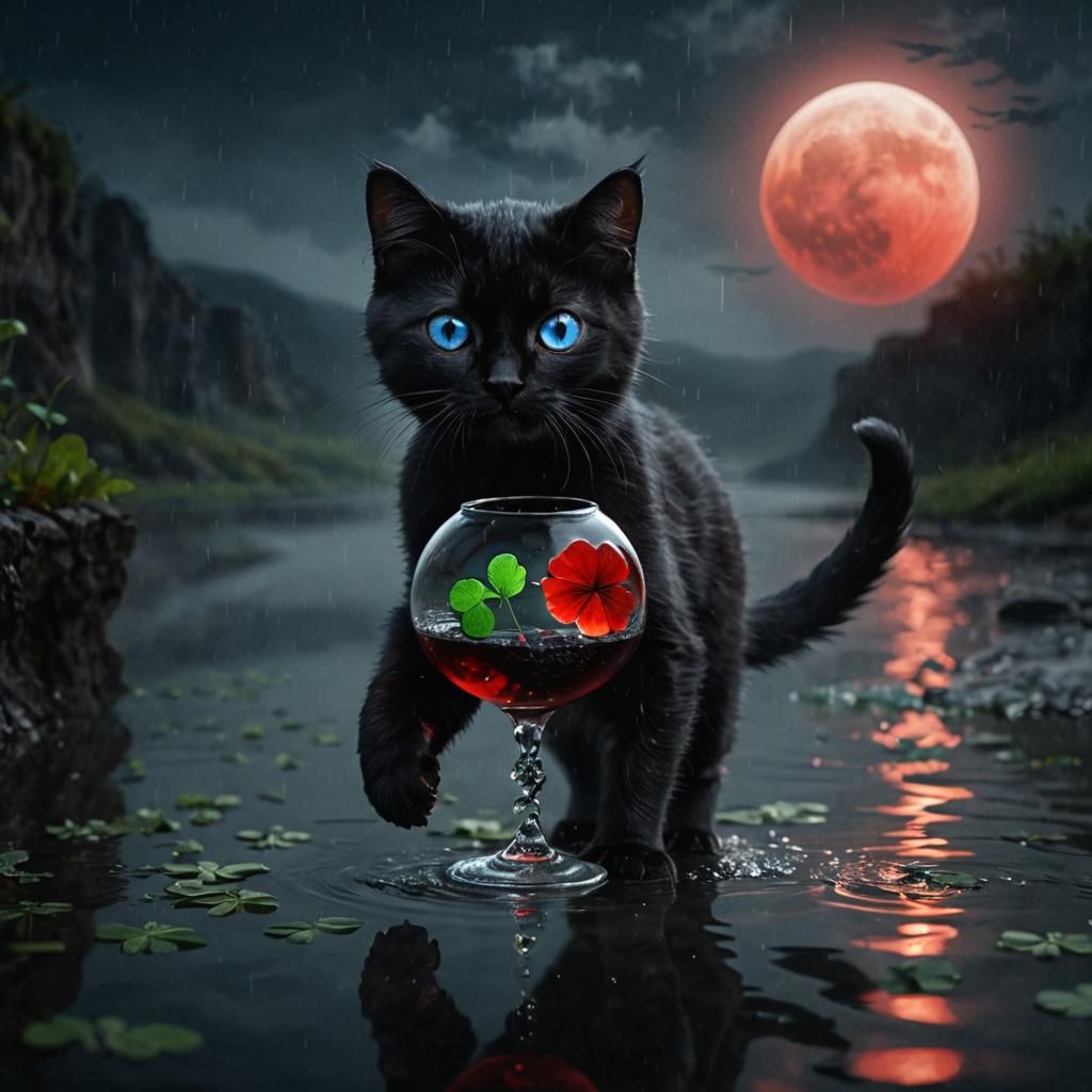 Adorable Black Cat with Clover at the Abyss