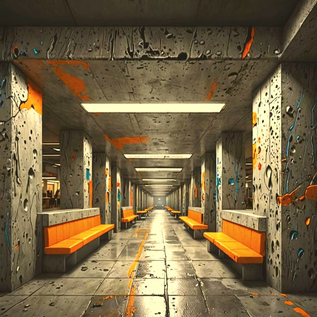 Concrete Cafeteria Hallway: Fantasy Concept Art