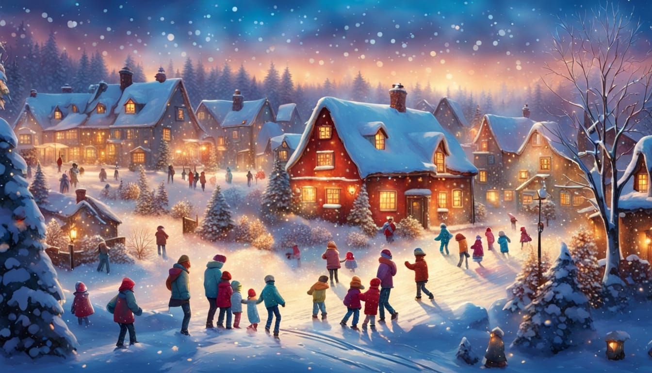 Whimsical Winter Village Scene in Vibrant Tetradic Colours