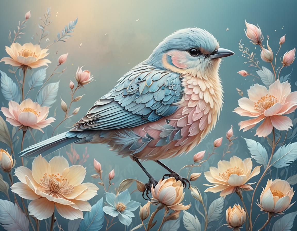 Bird on Flower in Soft Pastel Fantasy Illustration