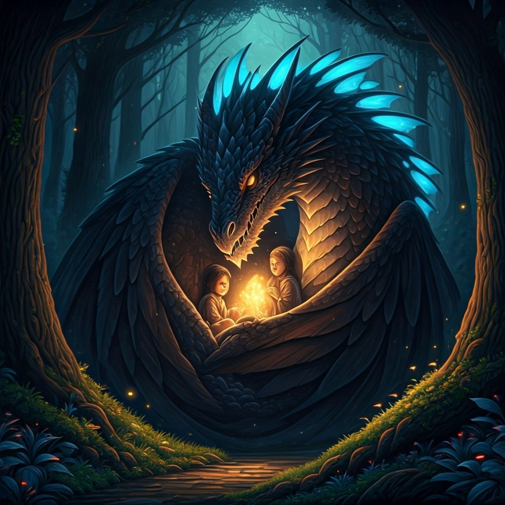 Dragon Cradling Children in Mystical Forest