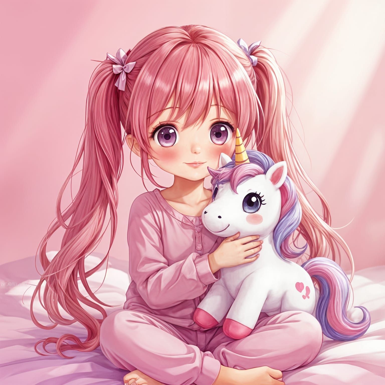 Cute Anime Girl with Pink Twin Tails and Unicorn Plush