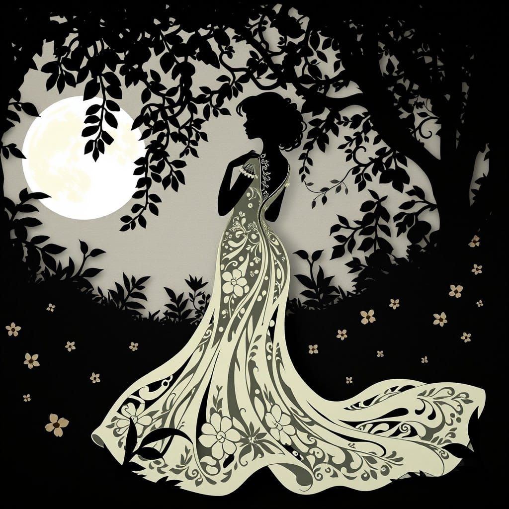 A Woman's Whimsical Moonlit Serenade in Elegant Silhouette A...