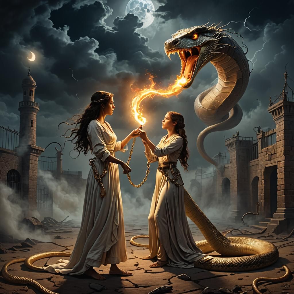 Surreal Lunar Prison: Ghost, Child, and Cobra