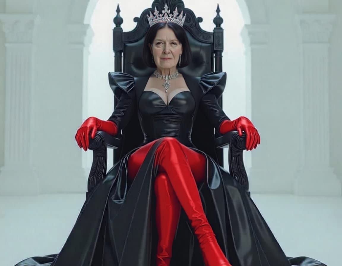 Elegant Queen in Leather Gown on Throne