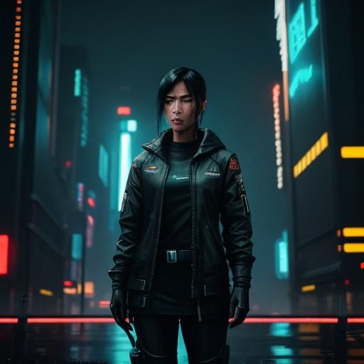 Cyberpunk Heroine in Rainy Cityscape