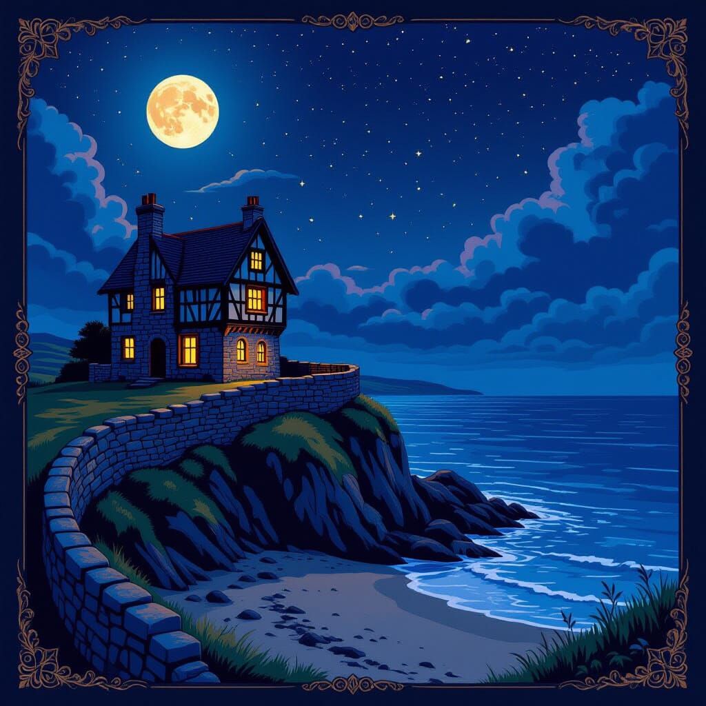 Irish Cliffside Château at Night in Comic Book Style