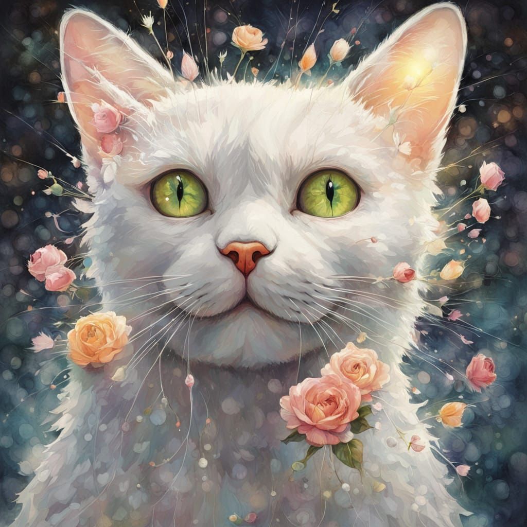 Ethereal Sunrise Cat Disintegrates into Fractal Iridescence