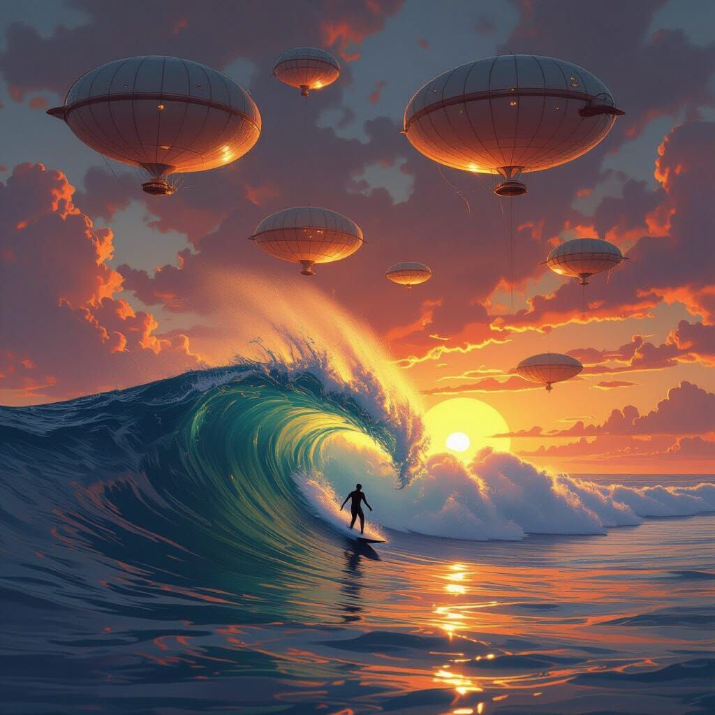 Surfer Rides Giant Wave Under Dirigible Sky
