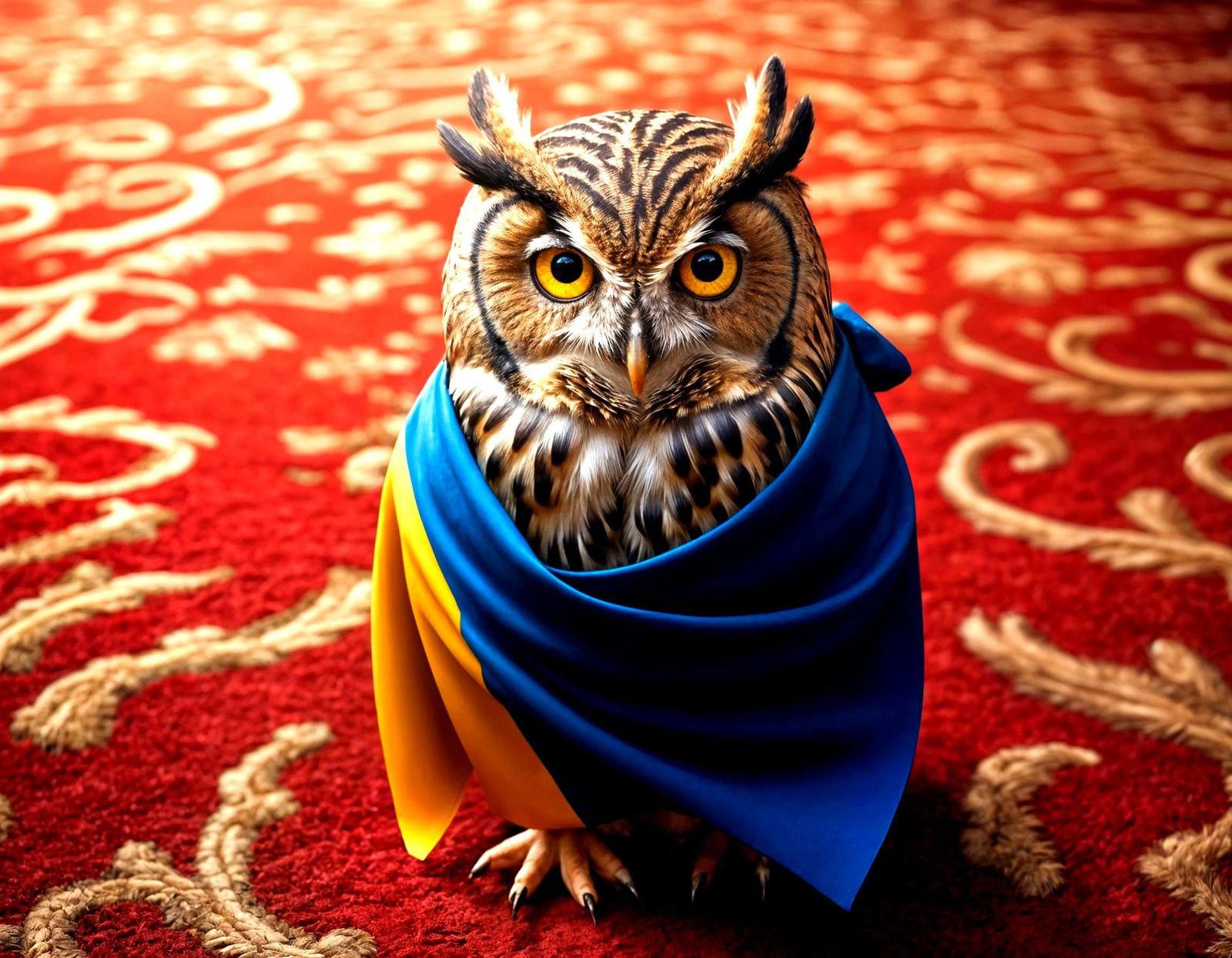 Surreal Owl Walks on Red Carpet with Ukrainian Flag