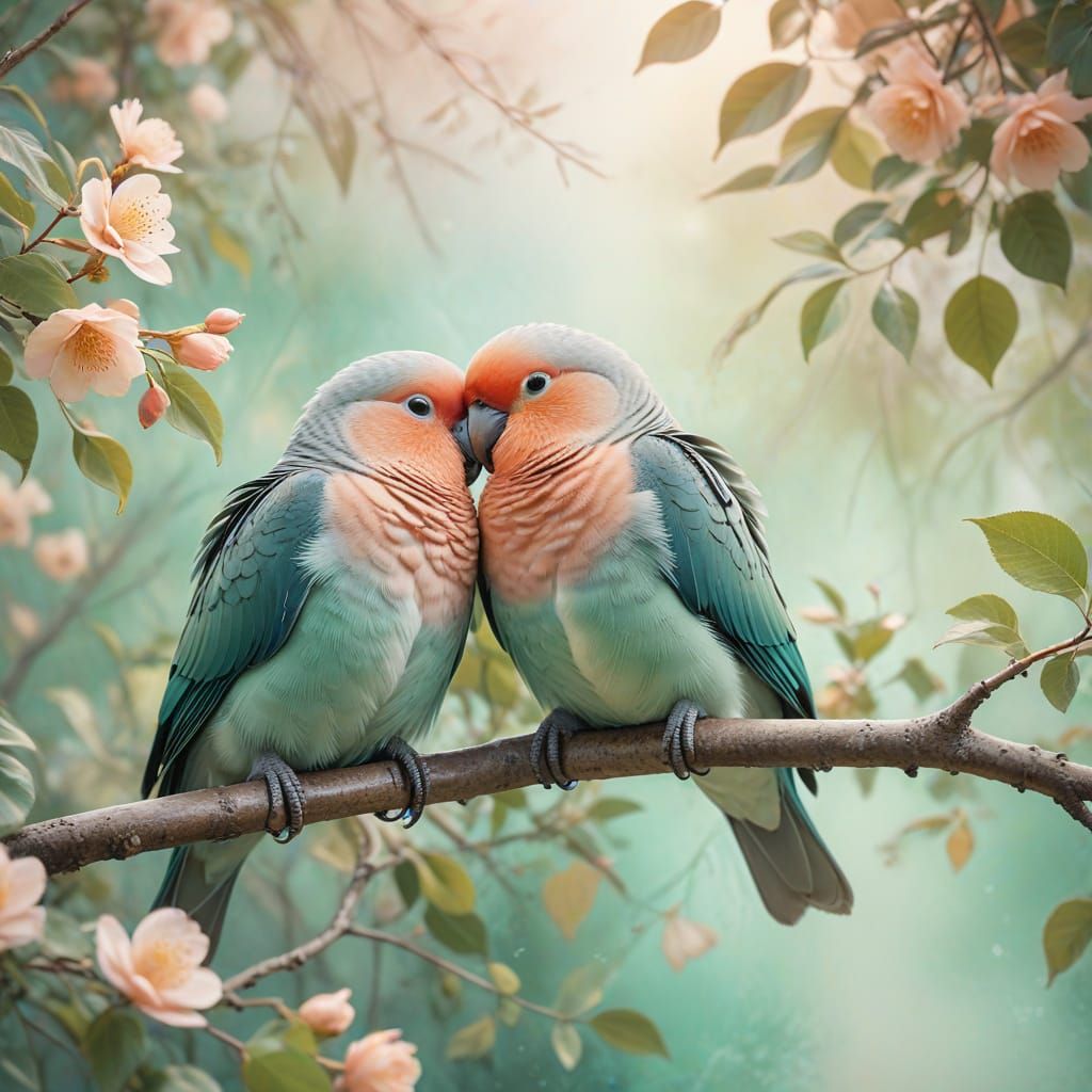 Pastel Dreamscapes: Tender Lovebirds in Soft Focus