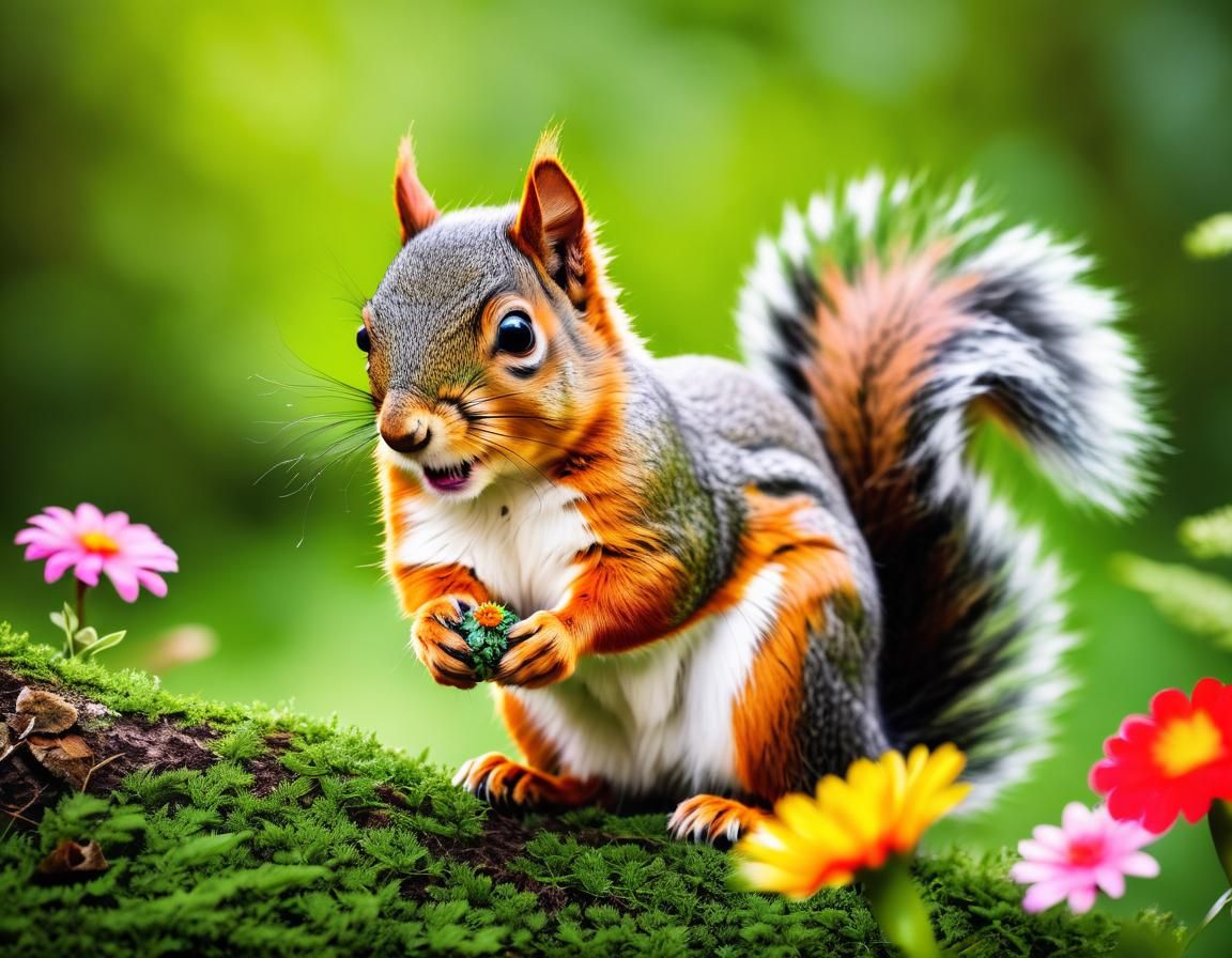 Playful Squirrel Nibbling on a Vibrant Green Plant