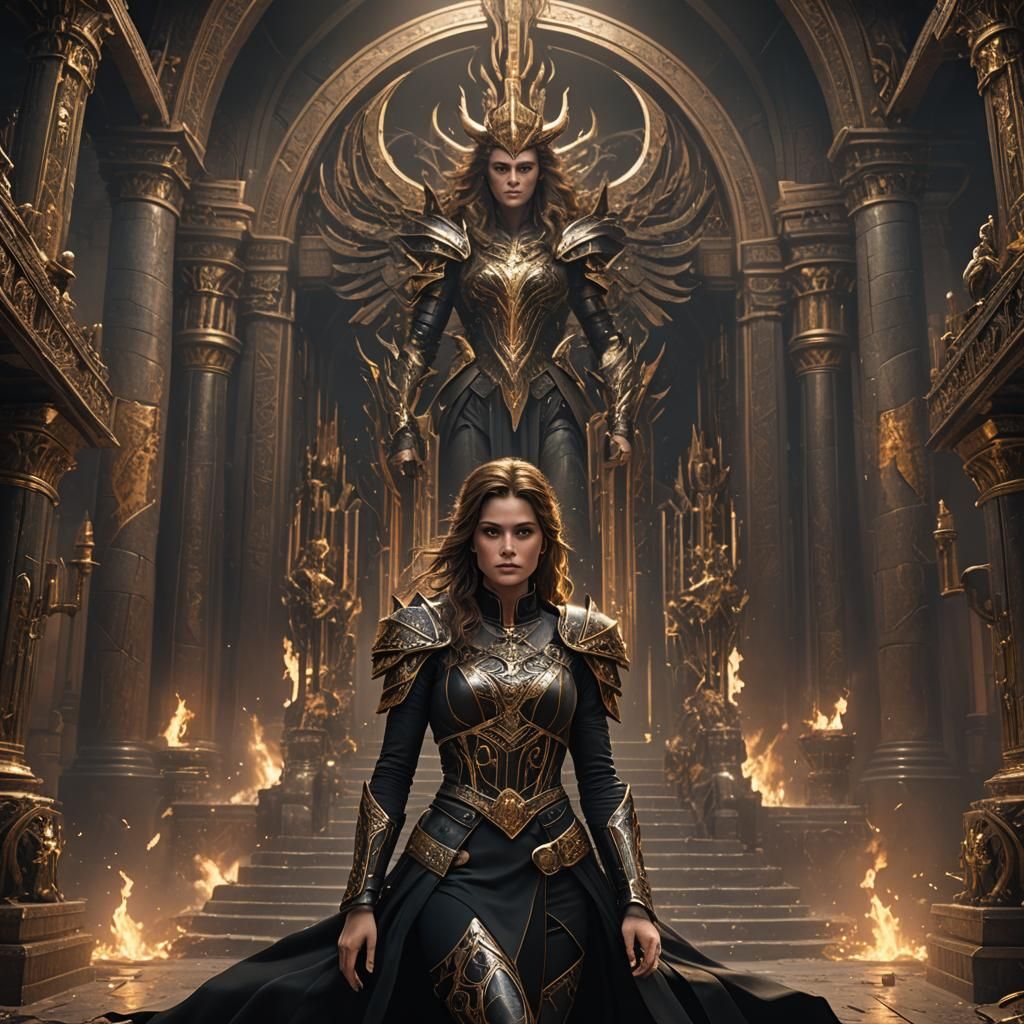 Woman in Ares Throne Room: Detailed Matte Painting