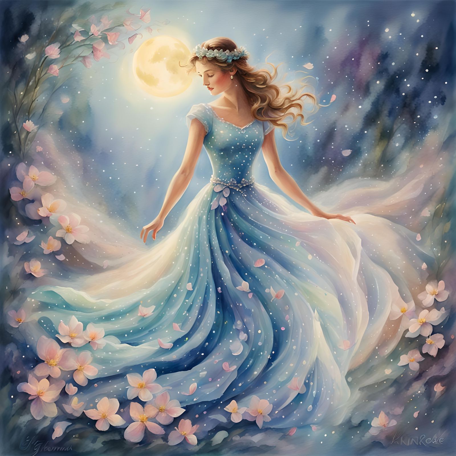 Glittering Petal Dress in Flowing Watercolor Style