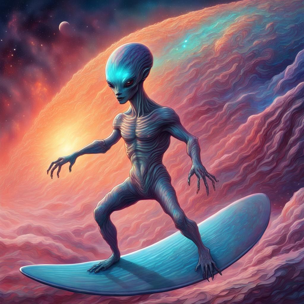 Alien Surfing a Comet: Cosmic Holographic Illustration