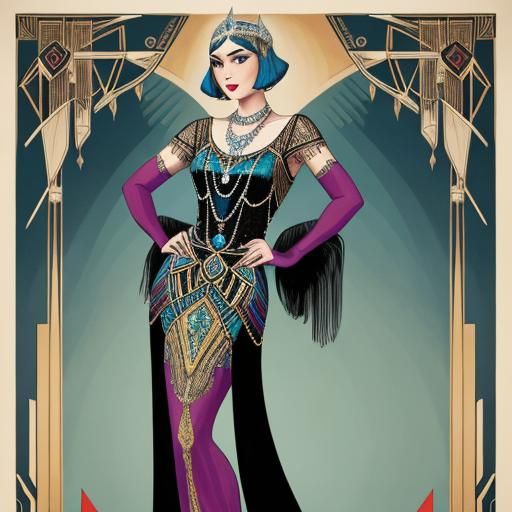 Art Deco Woman in Flapper Gown, Hyperrealistic Style