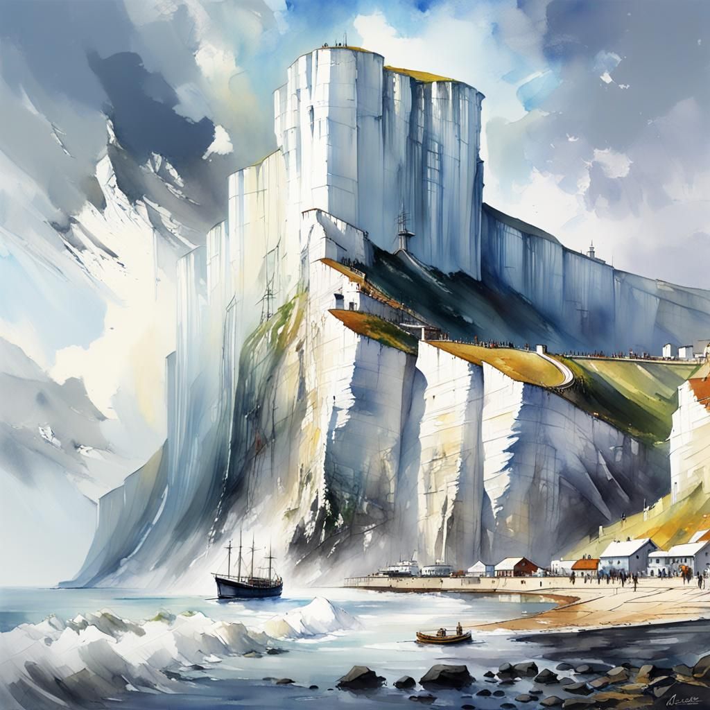 White Cliffs of Dover in Watercolor Style