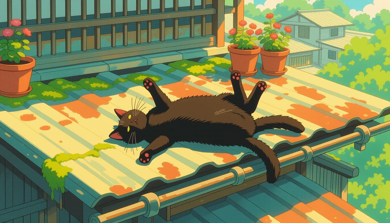 Black Cat Sunbathing on Japanese Roof: Watercolor Illustrati...